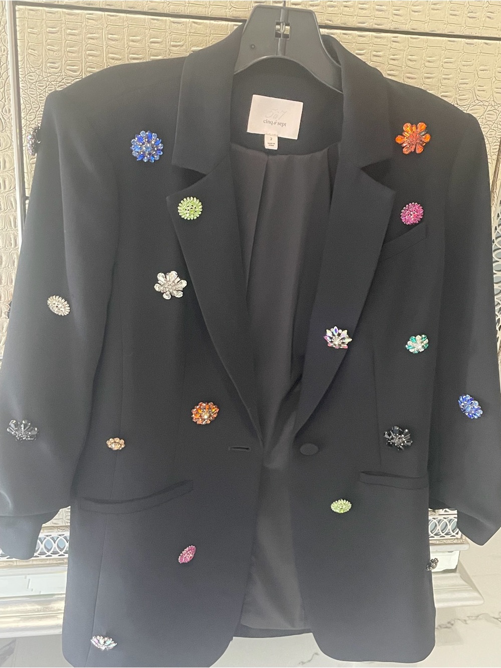 cinq a sept black blazer with multicolored jeweled floral embellishments